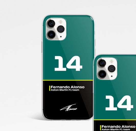 Fernando Alonso Aston Martin 14 Formula 1 Phone case. Iphone, Samsung, Huawei.